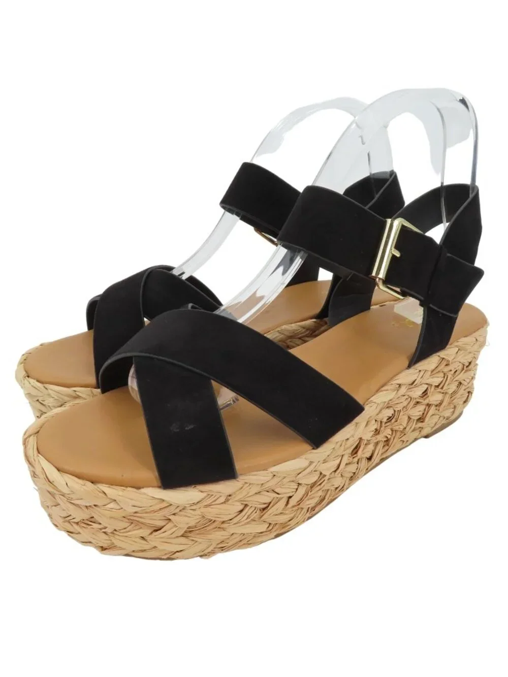 Qupid Women 9 Black Synthetic Strappy Woven Raffia Platform Wedge Sandals Shoes